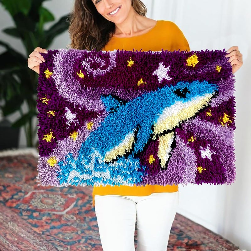 KitsMaster Galaxy Whale Latch Hook Kit for Adults | Starry Sky Craft Project with Pre-Printed Canvas, Yarn & Tool - Purple & Blue Ocean Fantasy Rug Making Kit 23.6''x15.8'' (Whale's Dream) - Image 5